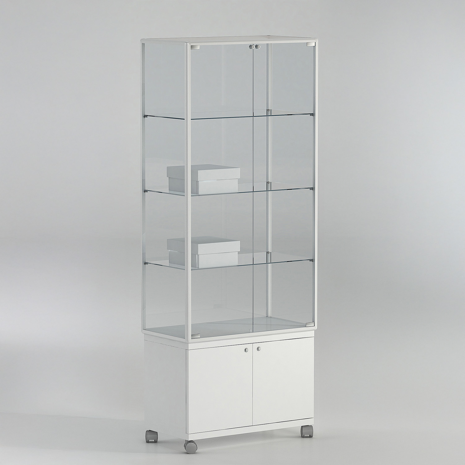 Vitrine 4 Etagen mit Unterschank und Rollen
